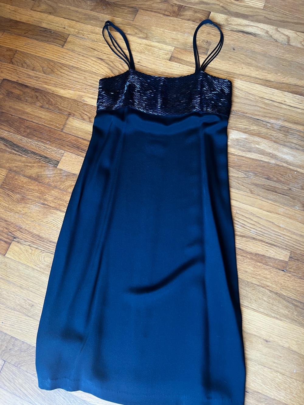 Black Satin Slip Dress with Beaded Bodice